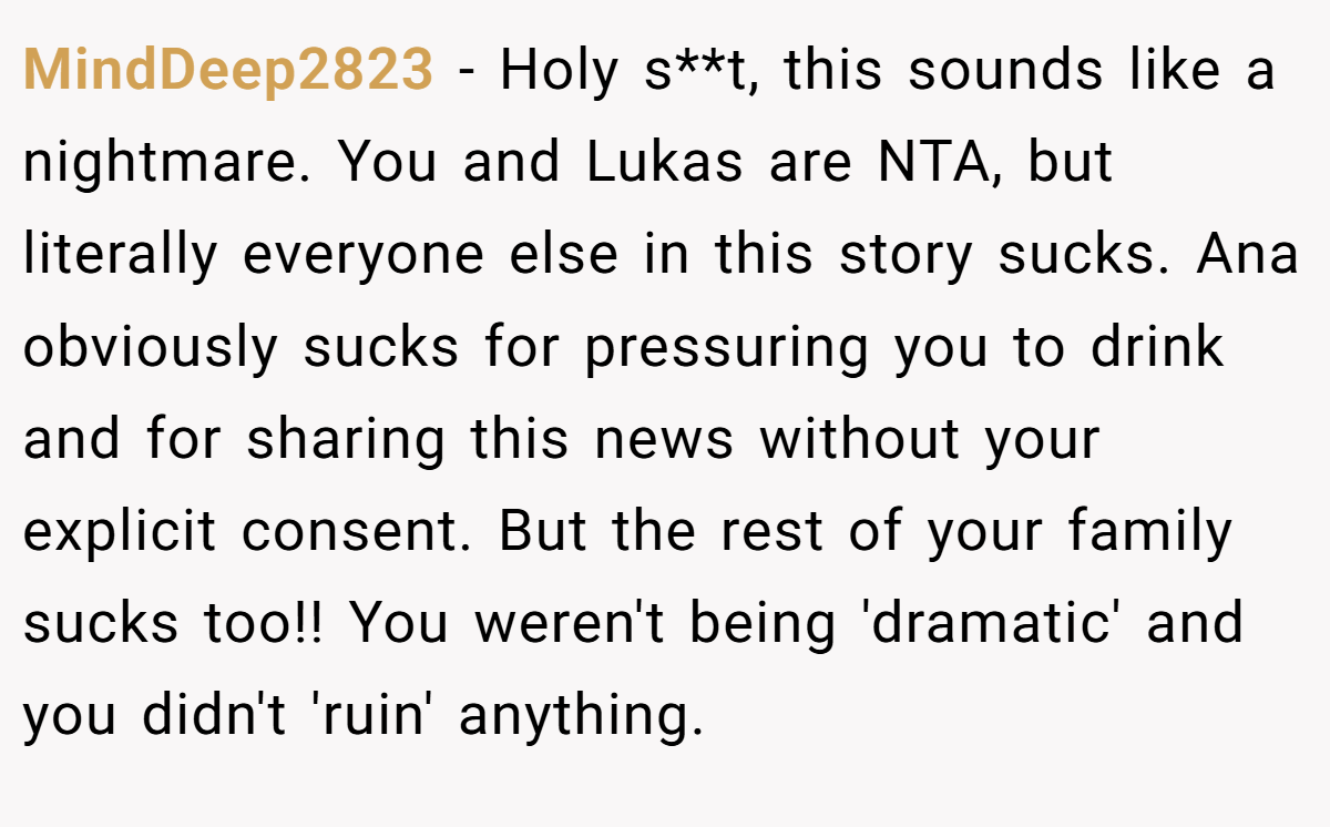 MindDeep2823 − Holy s**t, this sounds like a nightmare. You and Lukas are NTA, but literally everyone else in this story sucks. Ana obviously sucks for pressuring you to drink and for sharing this news without your explicit consent. But the rest of your family sucks too!! You weren't being 'dramatic' and you didn't 'ruin' anything.