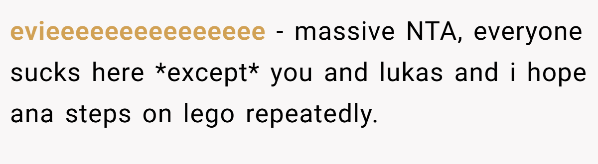 evieeeeeeeeeeeeeee − massive NTA, everyone sucks here *except* you and lukas and i hope ana steps on lego repeatedly.