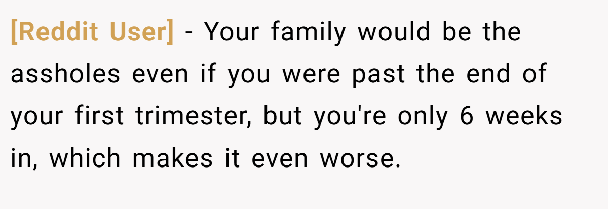 [Reddit User] − Your family would be the assholes even if you were past the end of your first trimester, but you're only 6 weeks in, which makes it even worse.