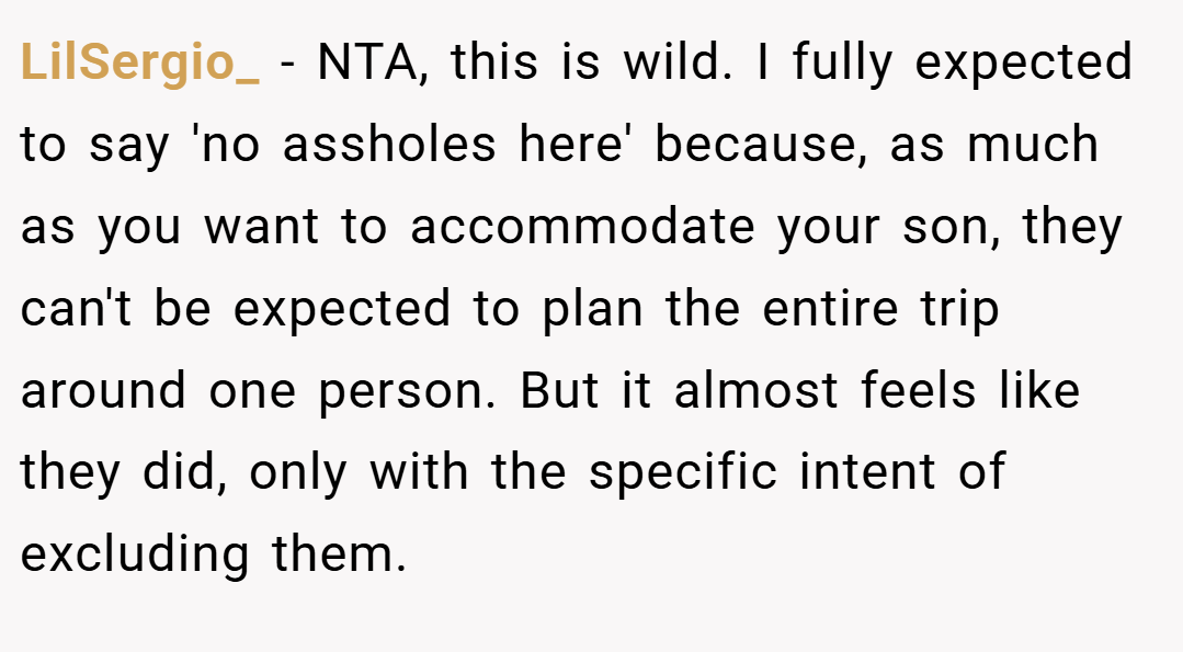 LilSergio_ − NTA, this is wild. I fully expected to say 'no assholes here' because, as much as you want to accommodate your son, they can't be expected to plan the entire trip around one person. But it almost feels like they did, only with the specific intent of excluding them.