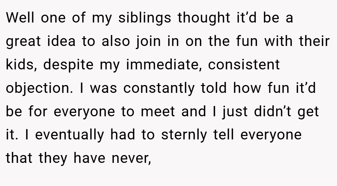 Well one of my siblings thought it’d be a great idea to also join in on the fun with their kids, despite my immediate, consistent objection. I was constantly told how fun it’d be for everyone to meet and I just didn’t get it. I eventually had to sternly tell everyone that they have never,