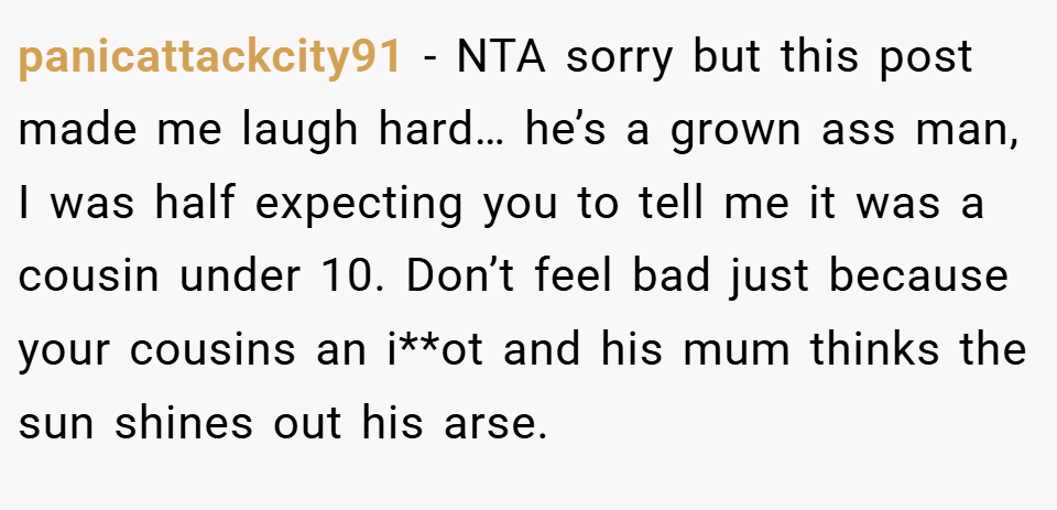 panicattackcity91 − NTA sorry but this post made me laugh hard… he’s a grown ass man, I was half expecting you to tell me it was a cousin under 10. Don’t feel bad just because your cousins an i**ot and his mum thinks the sun shines out his arse.