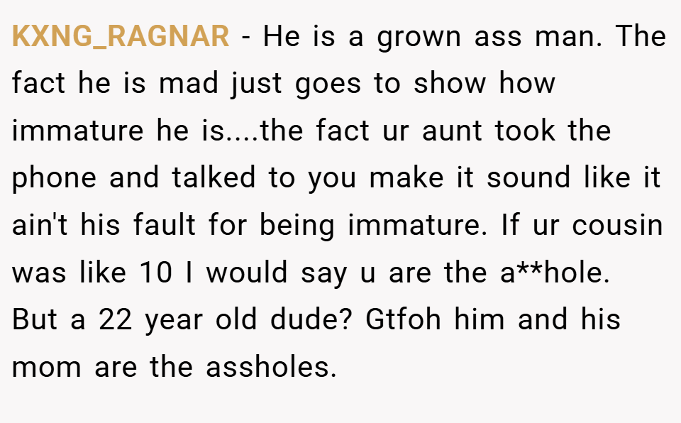 KXNG_RAGNAR − He is a grown ass man. The fact he is mad just goes to show how immature he is....the fact ur aunt took the phone and talked to you make it sound like it ain't his fault for being immature. If ur cousin was like 10 I would say u are the a**hole. But a 22 year old dude? Gtfoh him and his mom are the assholes.