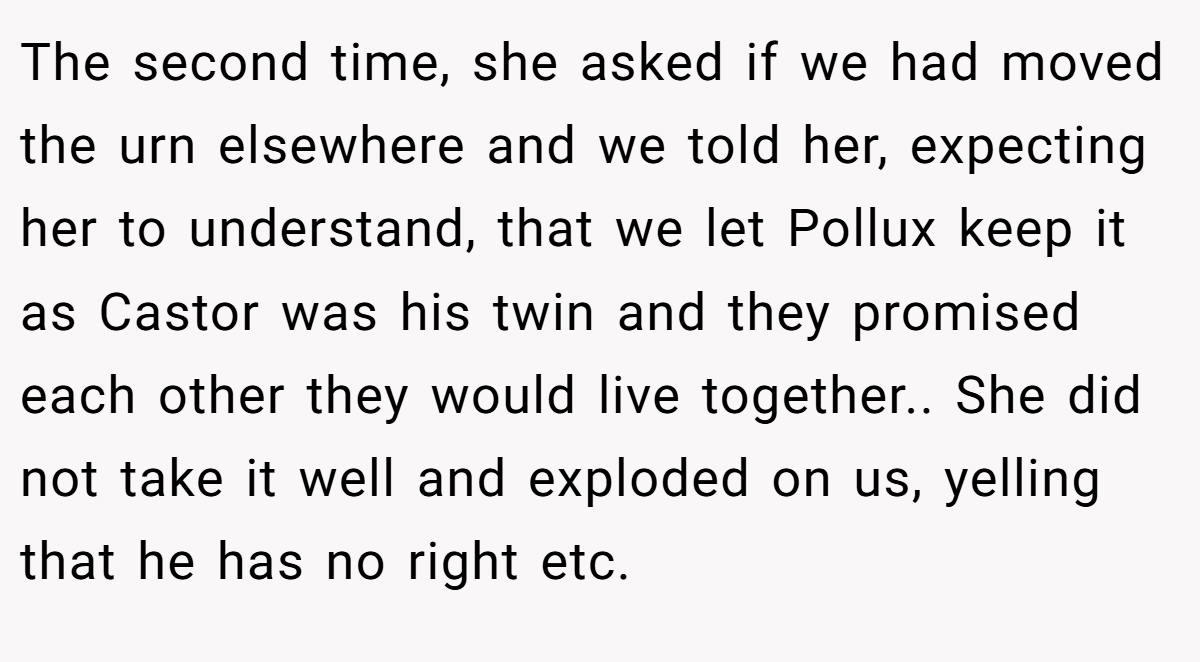 The second time, she asked if we had moved the urn elsewhere and we told her, expecting her to understand, that we let Pollux keep it as Castor was his twin and they promised each other they would live together.. She did not take it well and exploded on us, yelling that he has no right etc.
