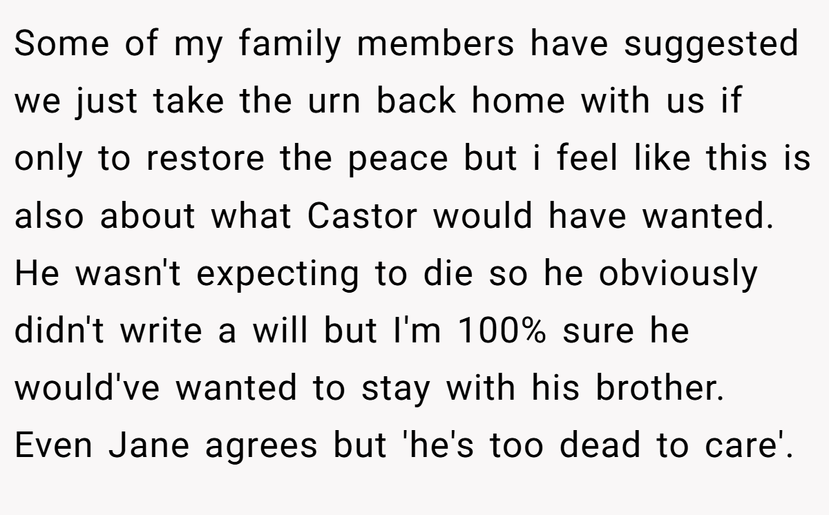 Some of my family members have suggested we just take the urn back home with us if only to restore the peace but i feel like this is also about what Castor would have wanted. He wasn't expecting to die so he obviously didn't write a will but I'm 100% sure he would've wanted to stay with his brother. Even Jane agrees but 'he's too dead to care'.