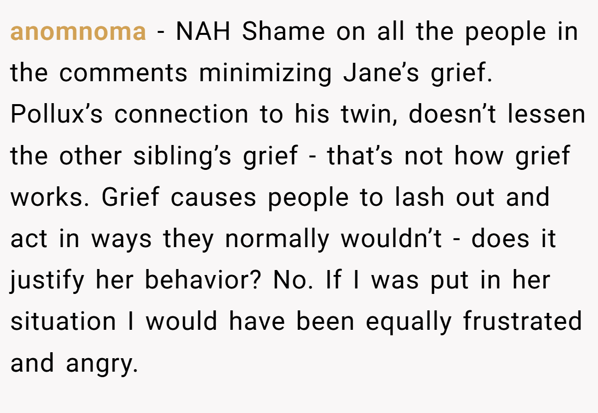 anomnoma − NAH Shame on all the people in the comments minimizing Jane’s grief. Pollux’s connection to his twin, doesn’t lessen the other sibling’s grief - that’s not how grief works. Grief causes people to lash out and act in ways they normally wouldn’t - does it justify her behavior? No. If I was put in her situation I would have been equally frustrated and angry.