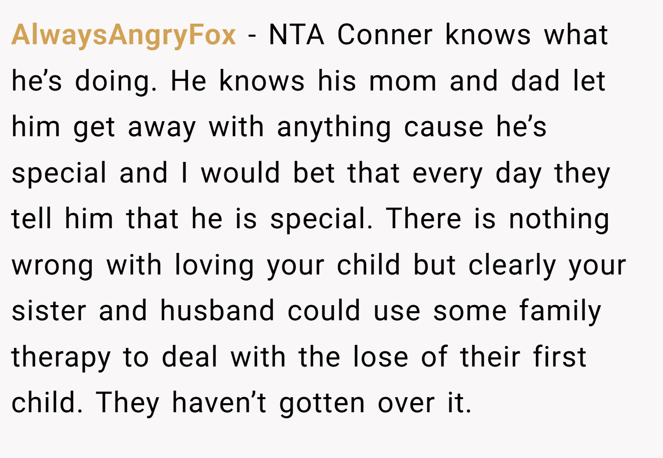AlwaysAngryFox - NTA Conner knows what he’s doing. He knows his mom and dad let him get away with anything cause he’s special and I would bet that every day they tell him that he is special. There is nothing wrong with loving your child but clearly your sister and husband could use some family therapy to deal with the lose of their first child. They haven’t gotten over it.