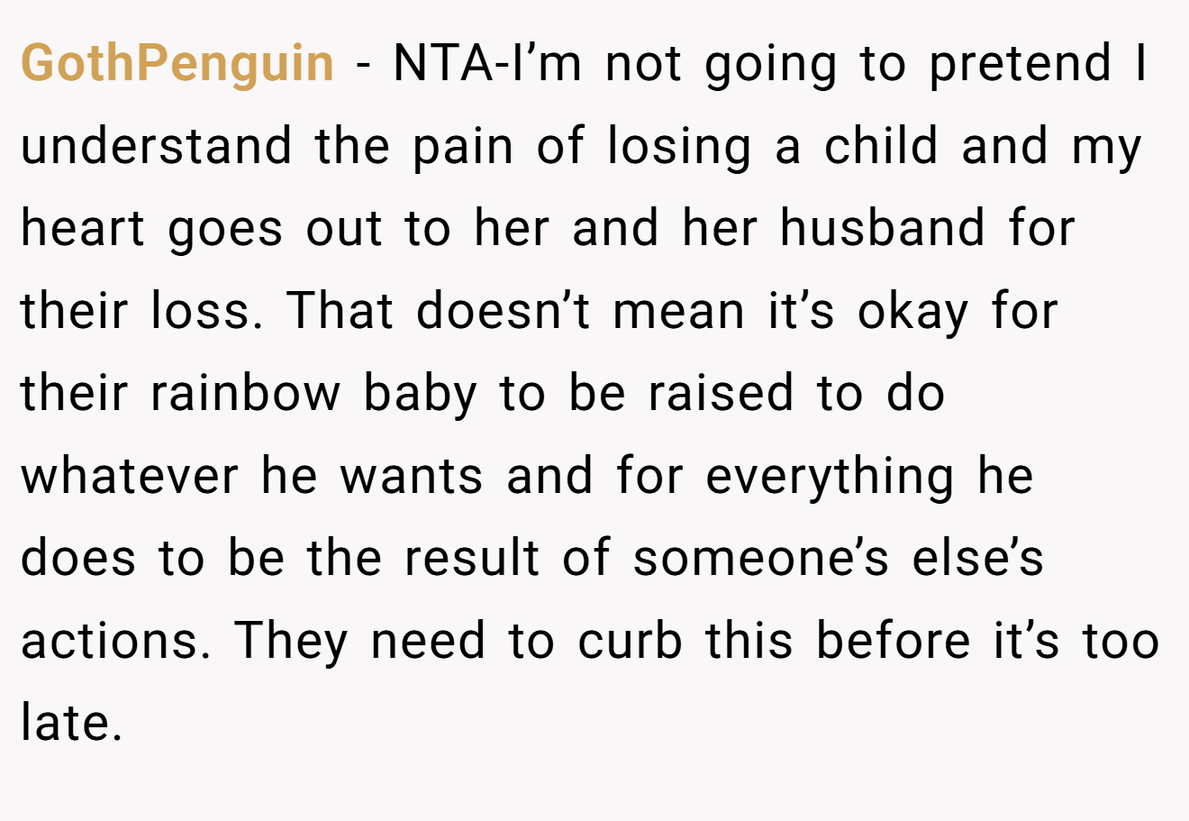 GothPenguin - NTA-I’m not going to pretend I understand the pain of losing a child and my heart goes out to her and her husband for their loss. That doesn’t mean it’s okay for their rainbow baby to be raised to do whatever he wants and for everything he does to be the result of someone’s else’s actions. They need to curb this before it’s too late.