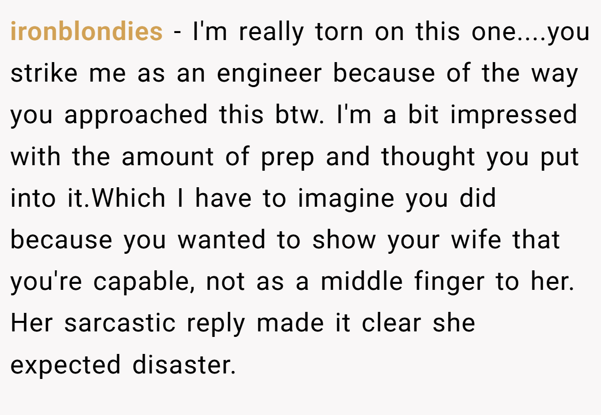 ironblondies − I'm really torn on this one....you strike me as an engineer because of the way you approached this btw. I'm a bit impressed with the amount of prep and thought you put into it.Which I have to imagine you did because you wanted to show your wife that you're capable, not as a middle finger to her. Her sarcastic reply made it clear she expected disaster.