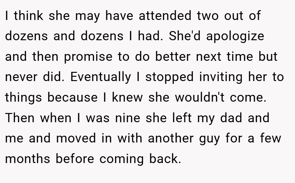 I think she may have attended two out of dozens and dozens I had. She'd apologize and then promise to do better next time but never did. Eventually I stopped inviting her to things because I knew she wouldn't come. Then when I was nine she left my dad and me and moved in with another guy for a few months before coming back.