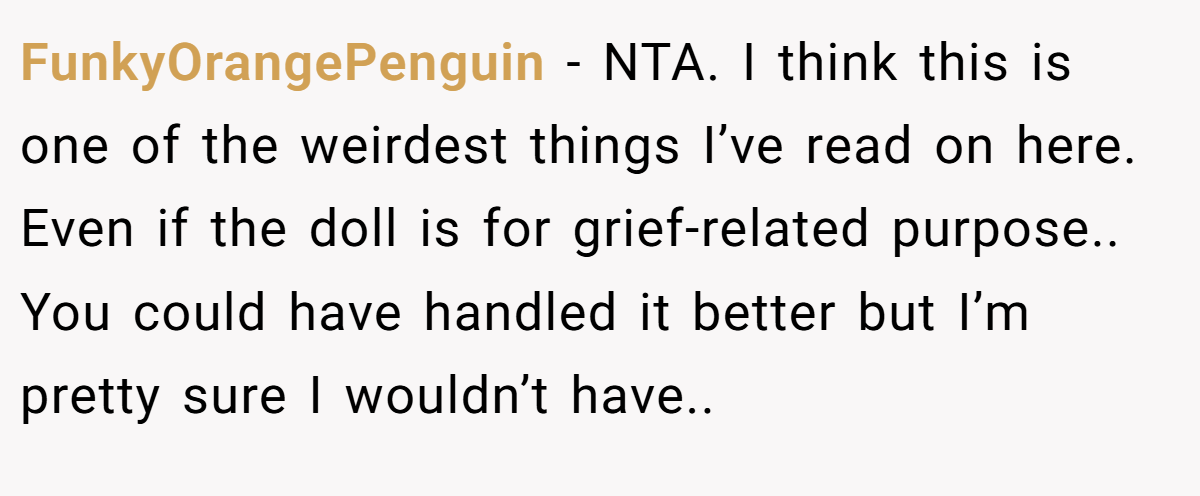 FunkyOrangePenguin - NTA. I think this is one of the weirdest things I’ve read on here. Even if the doll is for grief-related purpose.. You could have handled it better but I’m pretty sure I wouldn’t have..