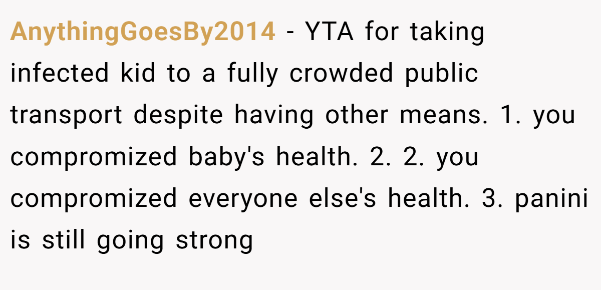 AnythingGoesBy2014 - YTA for taking infected kid to a fully crowded public transport despite having other means. 1. you compromized baby's health. 2. 2. you compromized everyone else's health. 3. panini is still going strong