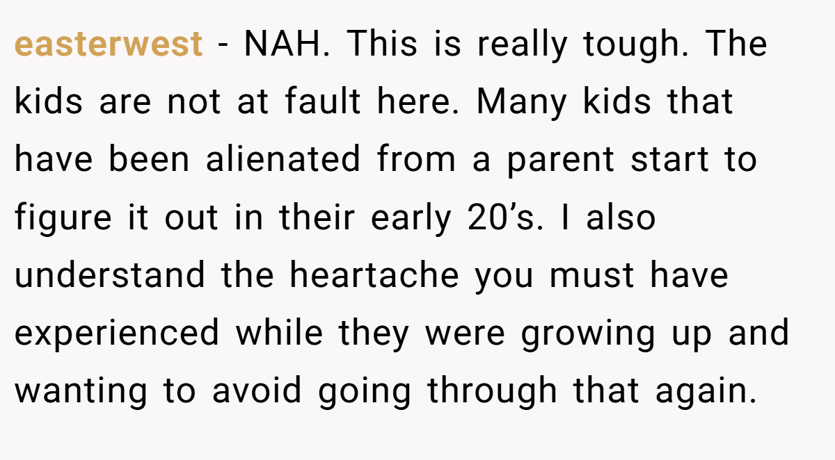 easterwest − NAH. This is really tough. The kids are not at fault here. Many kids that have been alienated from a parent start to figure it out in their early 20’s. I also understand the heartache you must have experienced while they were growing up and wanting to avoid going through that again.