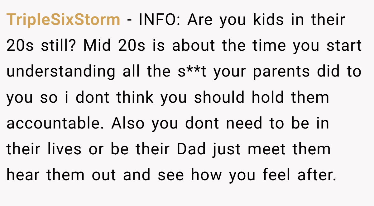 TripleSixStorm − INFO: Are you kids in their 20s still? Mid 20s is about the time you start understanding all the s**t your parents did to you so i dont think you should hold them accountable. Also you dont need to be in their lives or be their Dad just meet them hear them out and see how you feel after.