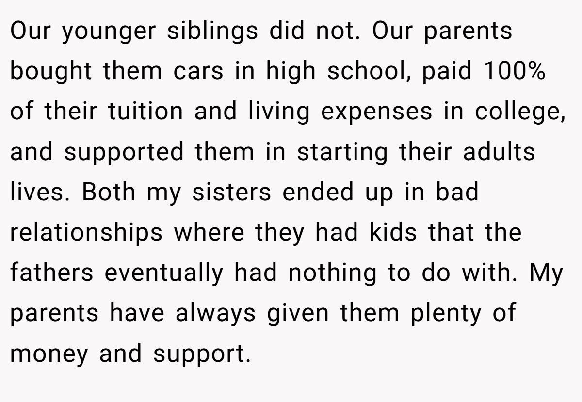 Our younger siblings did not. Our parents bought them cars in high school, paid 100% of their tuition and living expenses in college, and supported them in starting their adults lives. Both my sisters ended up in bad relationships where they had kids that the fathers eventually had nothing to do with. My parents have always given them plenty of money and support.