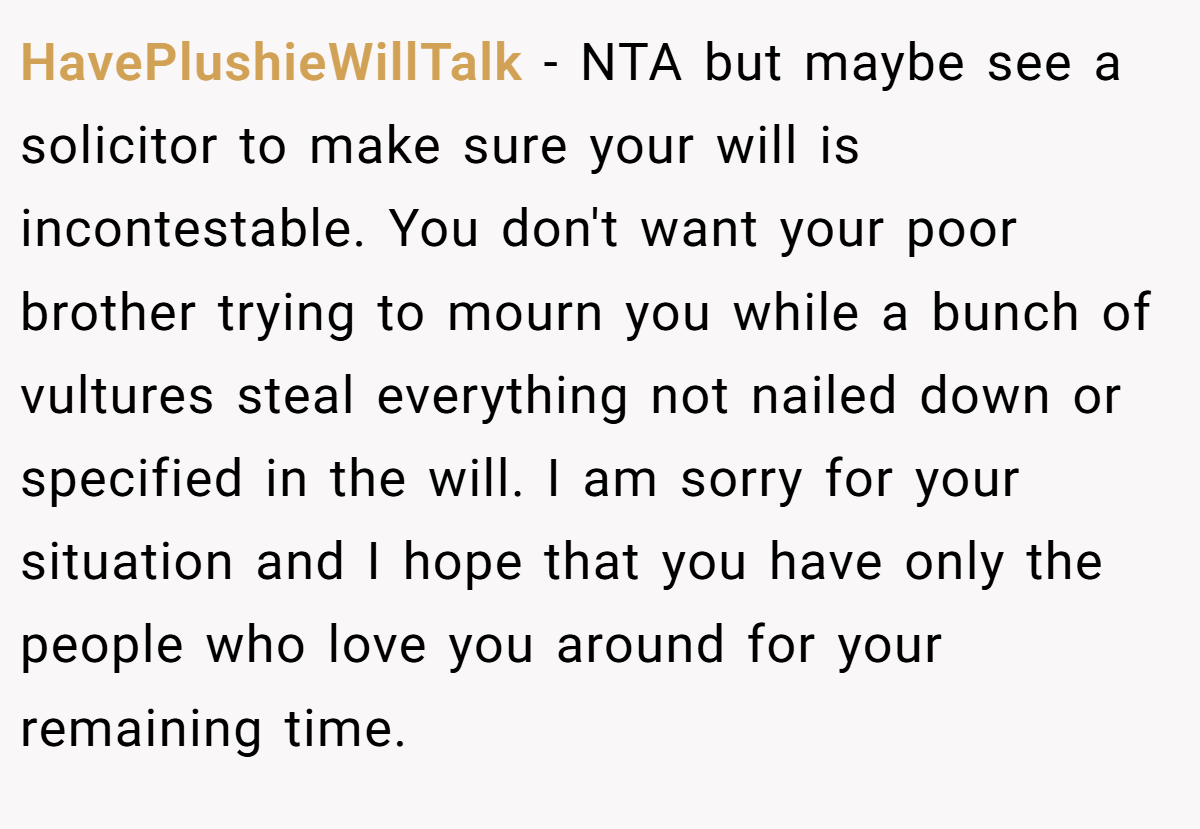 HavePlushieWillTalk − NTA but maybe see a solicitor to make sure your will is incontestable. You don't want your poor brother trying to mourn you while a bunch of vultures steal everything not nailed down or specified in the will. I am sorry for your situation and I hope that you have only the people who love you around for your remaining time.