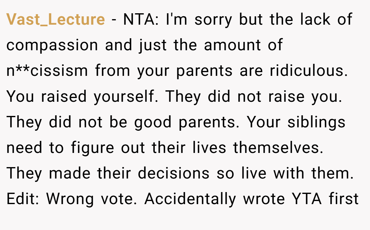 Vast_Lecture − NTA: I'm sorry but the lack of compassion and just the amount of n**cissism from your parents are ridiculous. You raised yourself. They did not raise you. They did not be good parents. Your siblings need to figure out their lives themselves. They made their decisions so live with them. Edit: Wrong vote. Accidentally wrote YTA first