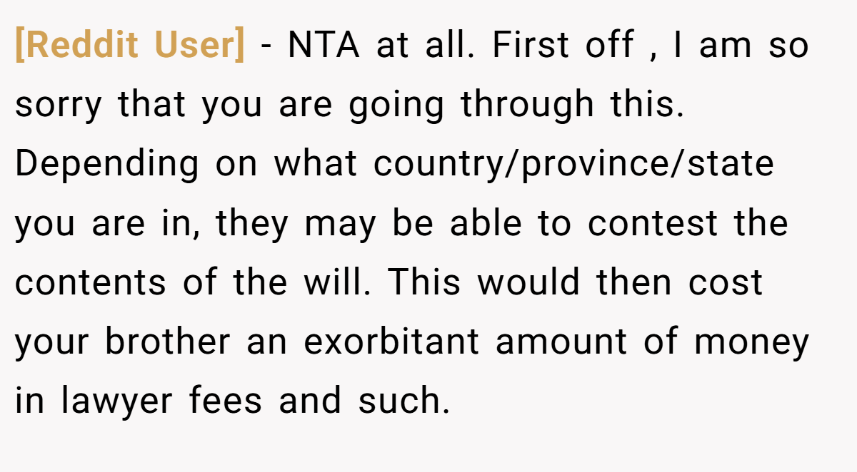 [Reddit User] − NTA at all. First off , I am so sorry that you are going through this. Depending on what country/province/state you are in, they may be able to contest the contents of the will. This would then cost your brother an exorbitant amount of money in lawyer fees and such.
