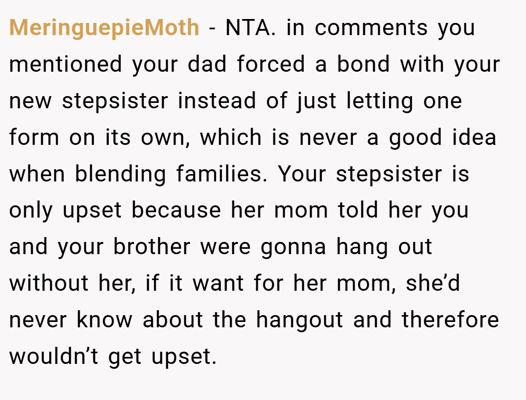 MeringuepieMoth − NTA. in comments you mentioned your dad forced a bond with your new stepsister instead of just letting one form on its own, which is never a good idea when blending families. Your stepsister is only upset because her mom told her you and your brother were gonna hang out without her, if it want for her mom, she’d never know about the hangout and therefore wouldn’t get upset.
