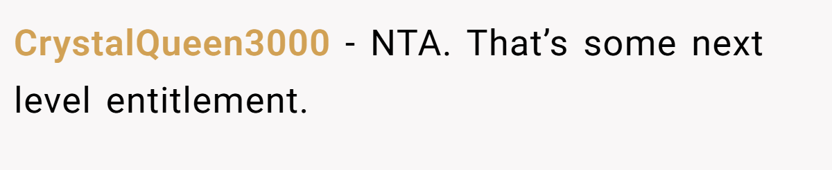 CrystalQueen3000 − NTA. That’s some next level entitlement.