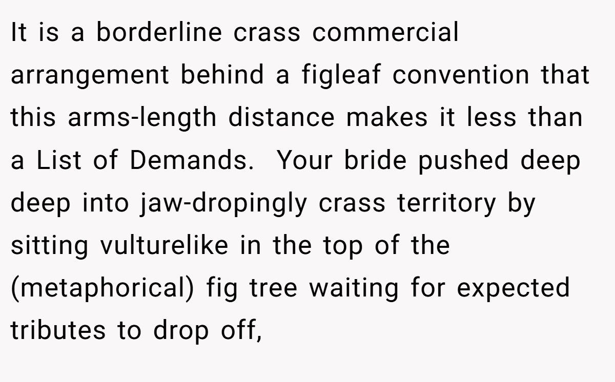 It is a borderline crass commercial arrangement behind a figleaf convention that this arms-length distance makes it less than a List of Demands.  Your bride pushed deep deep into jaw-dropingly crass territory by sitting vulturelike in the top of the (metaphorical) fig tree waiting for expected tributes to drop off,