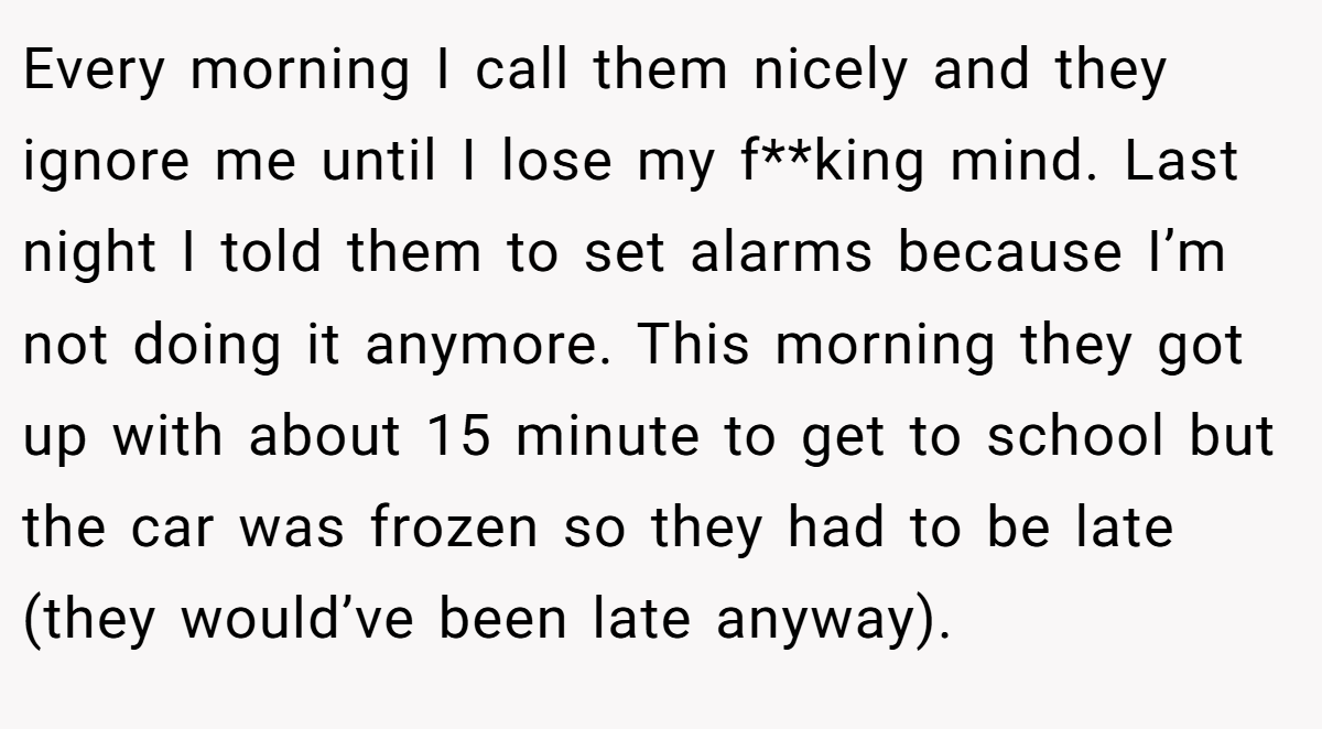 Every morning I call them nicely and they ignore me until I lose my f**king mind. Last night I told them to set alarms because I’m not doing it anymore. This morning they got up with about 15 minute to get to school but the car was frozen so they had to be late (they would’ve been late anyway).