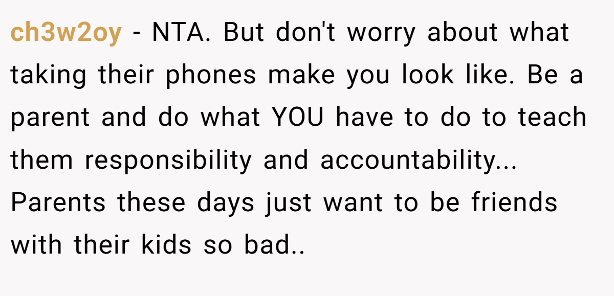 ch3w2oy − NTA. But don't worry about what taking their phones make you look like. Be a parent and do what YOU have to do to teach them responsibility and accountability... Parents these days just want to be friends with their kids so bad..