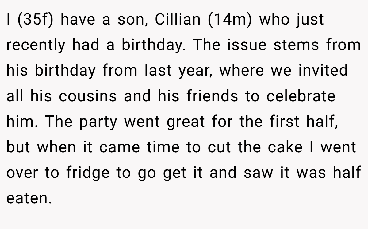 I (35f) have a son, Cillian (14m) who just recently had a birthday. The issue stems from his birthday from last year, where we invited all his cousins and his friends to celebrate him. The party went great for the first half, but when it came time to cut the cake I went over to fridge to go get it and saw it was half eaten.