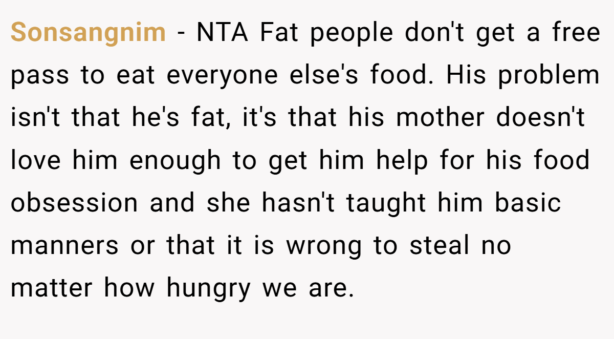 Sonsangnim − NTA Fat people don't get a free pass to eat everyone else's food. His problem isn't that he's fat, it's that his mother doesn't love him enough to get him help for his food obsession and she hasn't taught him basic manners or that it is wrong to steal no matter how hungry we are.