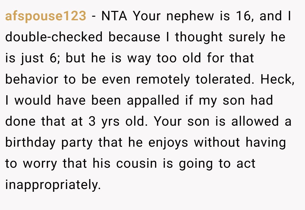 afspouse123 − NTA Your nephew is 16, and I double-checked because I thought surely he is just 6; but he is way too old for that behavior to be even remotely tolerated. Heck, I would have been appalled if my son had done that at 3 yrs old. Your son is allowed a birthday party that he enjoys without having to worry that his cousin is going to act inappropriately.
