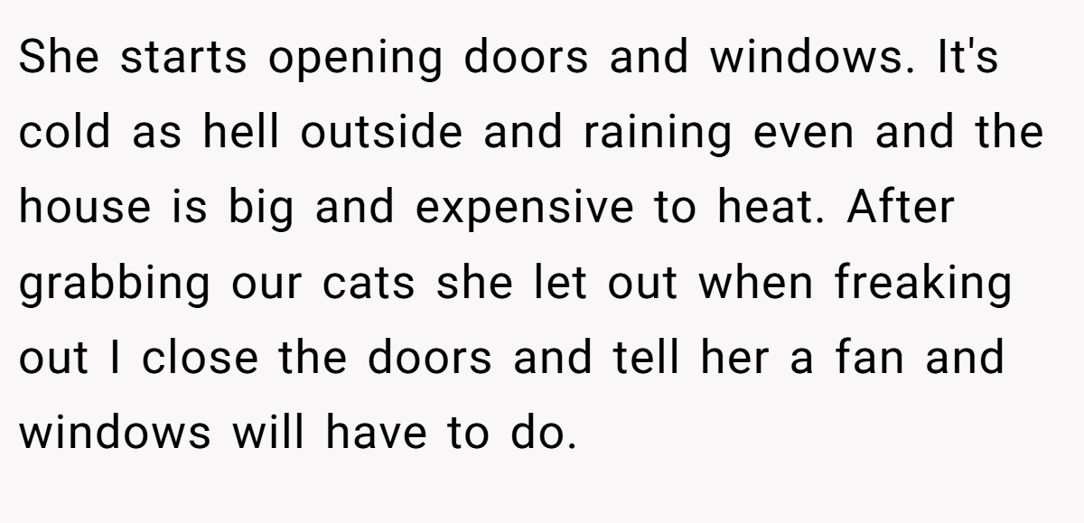 She starts opening doors and windows. It's cold as hell outside and raining even and the house is big and expensive to heat. After grabbing our cats she let out when freaking out I close the doors and tell her a fan and windows will have to do.
