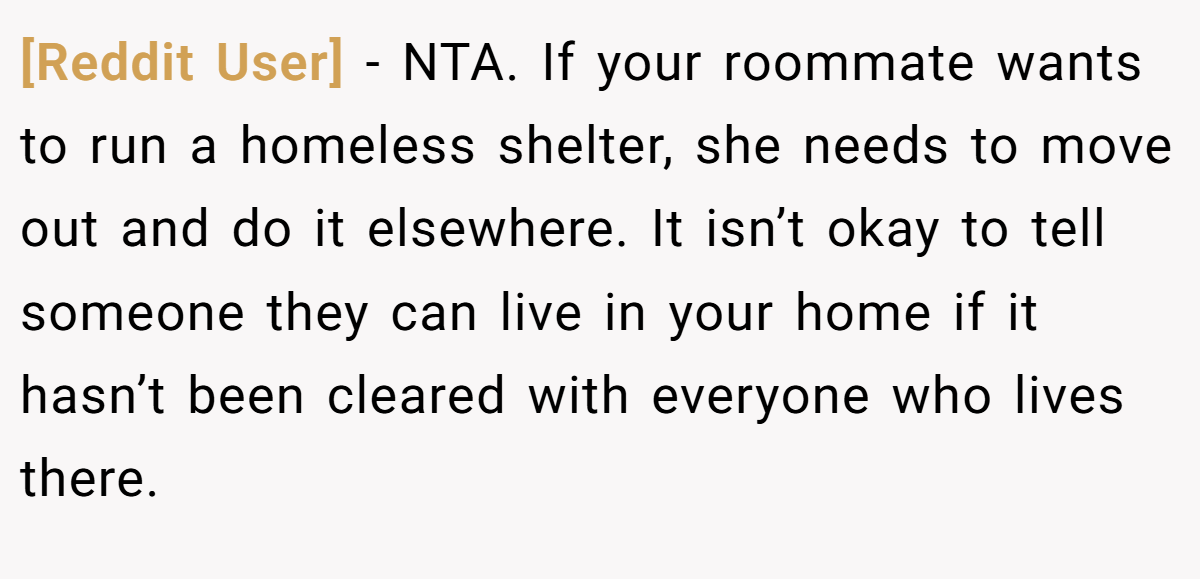 [Reddit User] - NTA. If your roommate wants to run a homeless shelter, she needs to move out and do it elsewhere. It isn’t okay to tell someone they can live in your home if it hasn’t been cleared with everyone who lives there.
