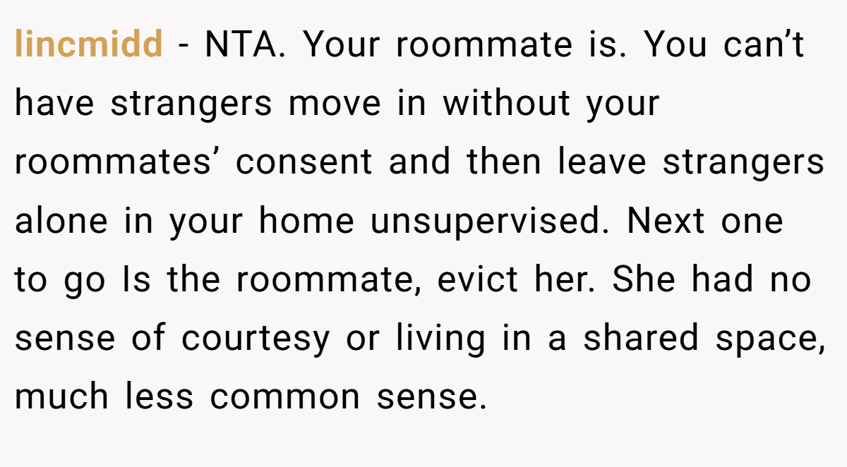 lincmidd - NTA. Your roommate is. You can’t have strangers move in without your roommates’ consent and then leave strangers alone in your home unsupervised. Next one to go Is the roommate, evict her. She had no sense of courtesy or living in a shared space, much less common sense.