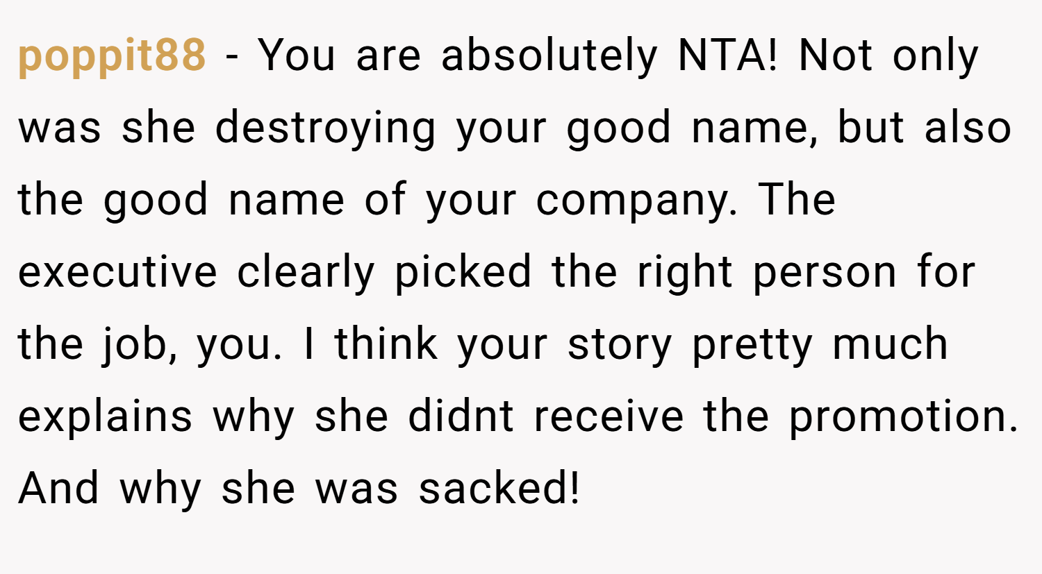 poppit88 − You are absolutely NTA! Not only was she destroying your good name, but also the good name of your company. The executive clearly picked the right person for the job, you. I think your story pretty much explains why she didnt receive the promotion. And why she was sacked!