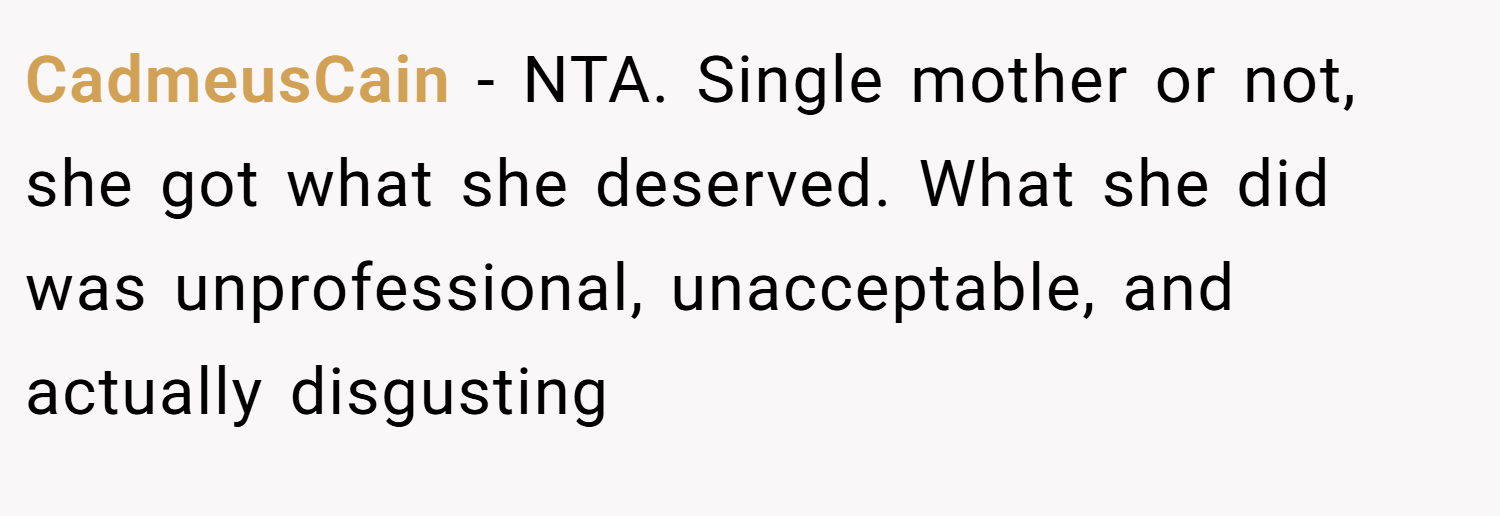 CadmeusCain − NTA. Single mother or not, she got what she deserved. What she did was unprofessional, unacceptable, and actually disgusting