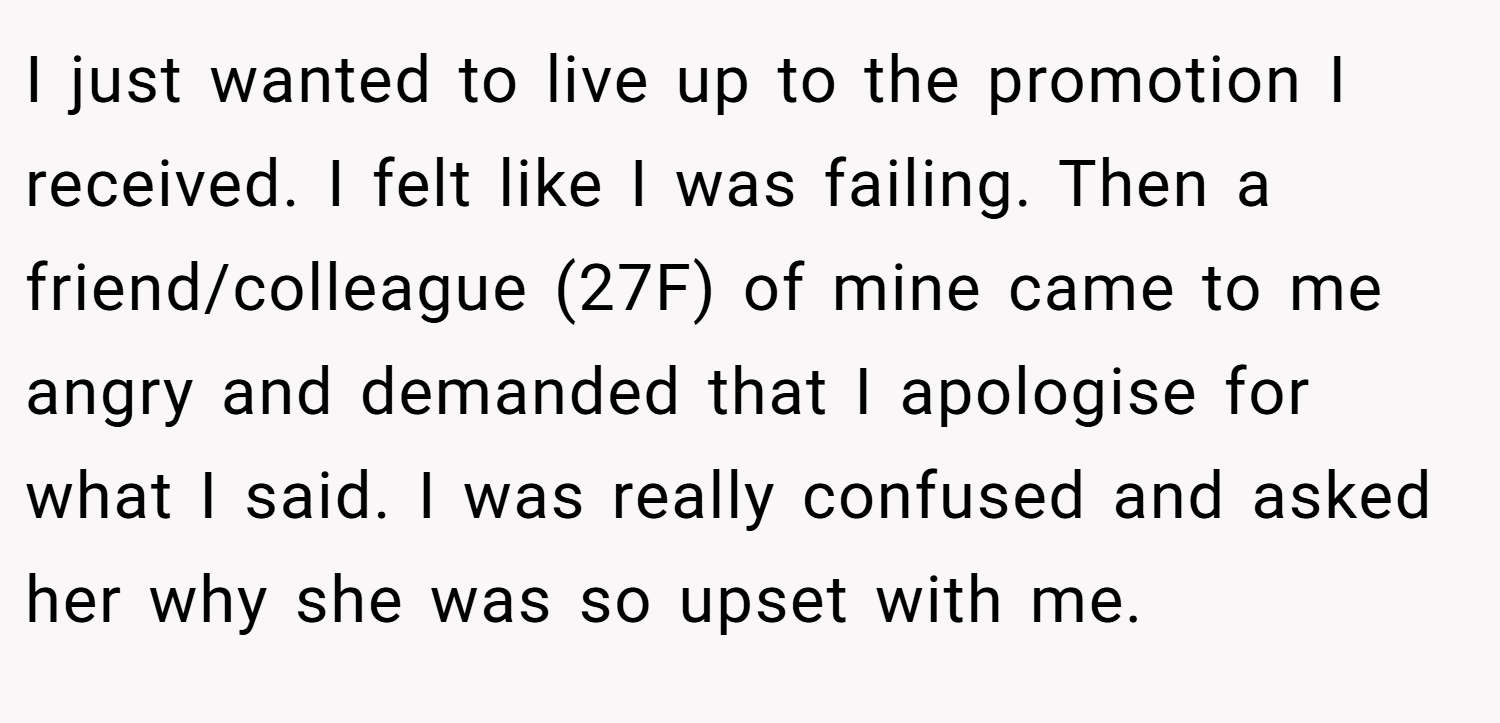 I just wanted to live up to the promotion I received. I felt like I was failing. Then a friend/colleague (27F) of mine came to me angry and demanded that I apologise for what I said. I was really confused and asked her why she was so upset with me.