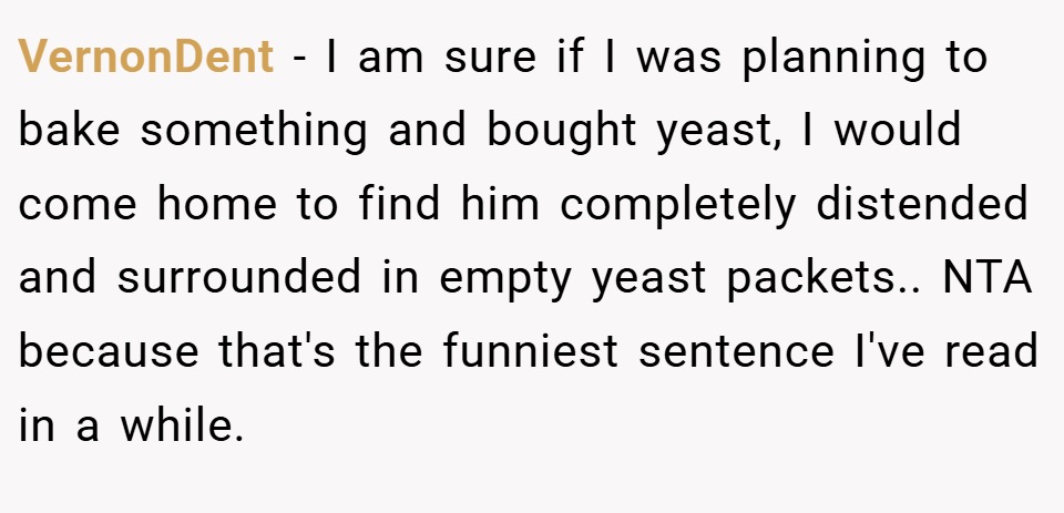 VernonDent − I am sure if I was planning to bake something and bought yeast, I would come home to find him completely distended and surrounded in empty yeast packets.. NTA because that's the funniest sentence I've read in a while.