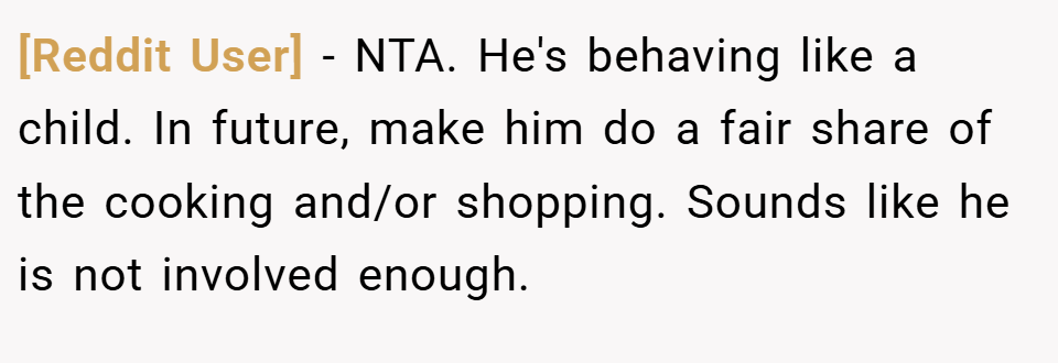 [Reddit User] − NTA. He's behaving like a child. In future, make him do a fair share of the cooking and/or shopping. Sounds like he is not involved enough.