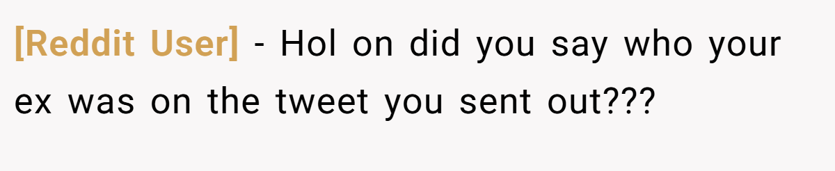 [Reddit User] − Hol on did you say who your ex was on the tweet you sent out???