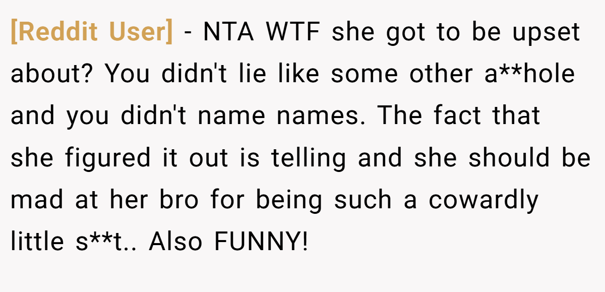 [Reddit User] − NTA WTF she got to be upset about? You didn't lie like some other a**hole and you didn't name names. The fact that she figured it out is telling and she should be mad at her bro for being such a cowardly little s**t.. Also FUNNY!