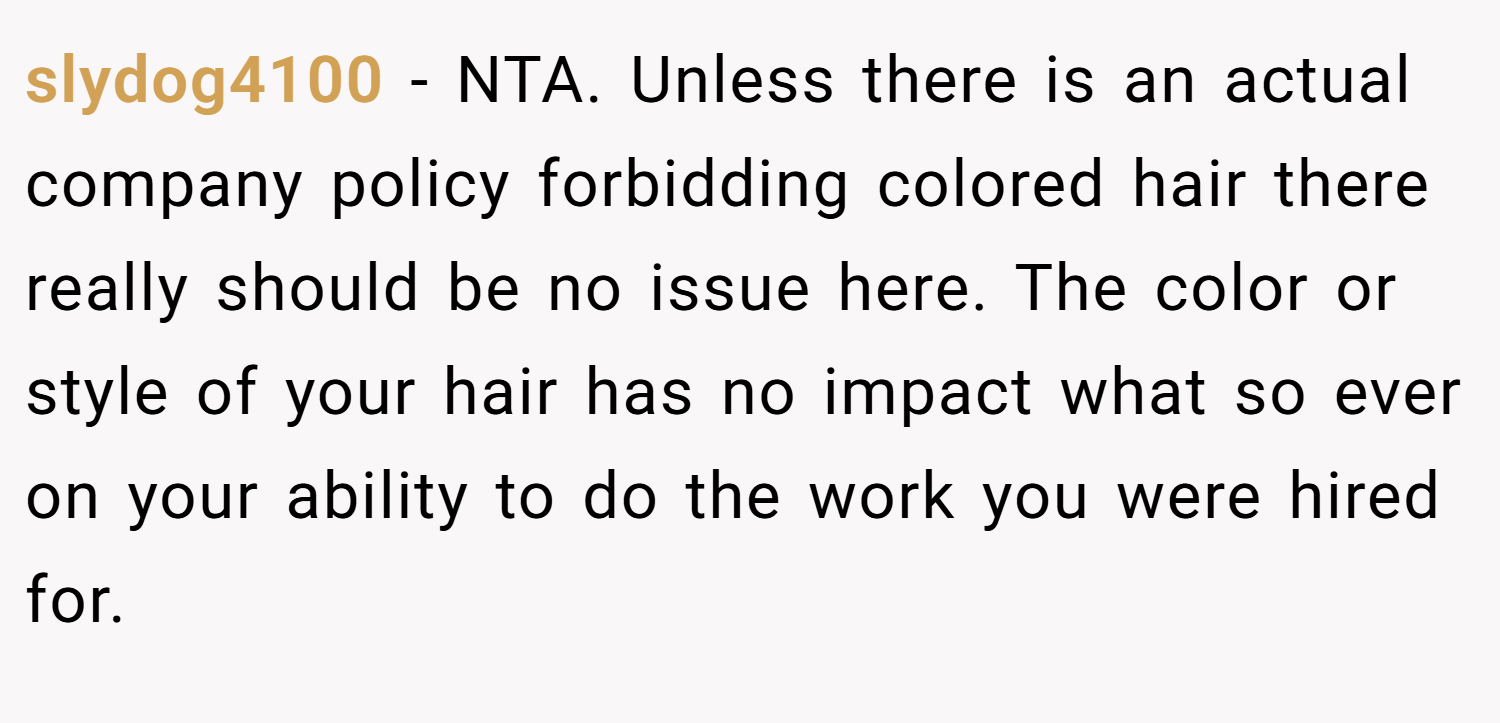 slydog4100 − NTA. Unless there is an actual company policy forbidding colored hair there really should be no issue here. The color or style of your hair has no impact what so ever on your ability to do the work you were hired for.