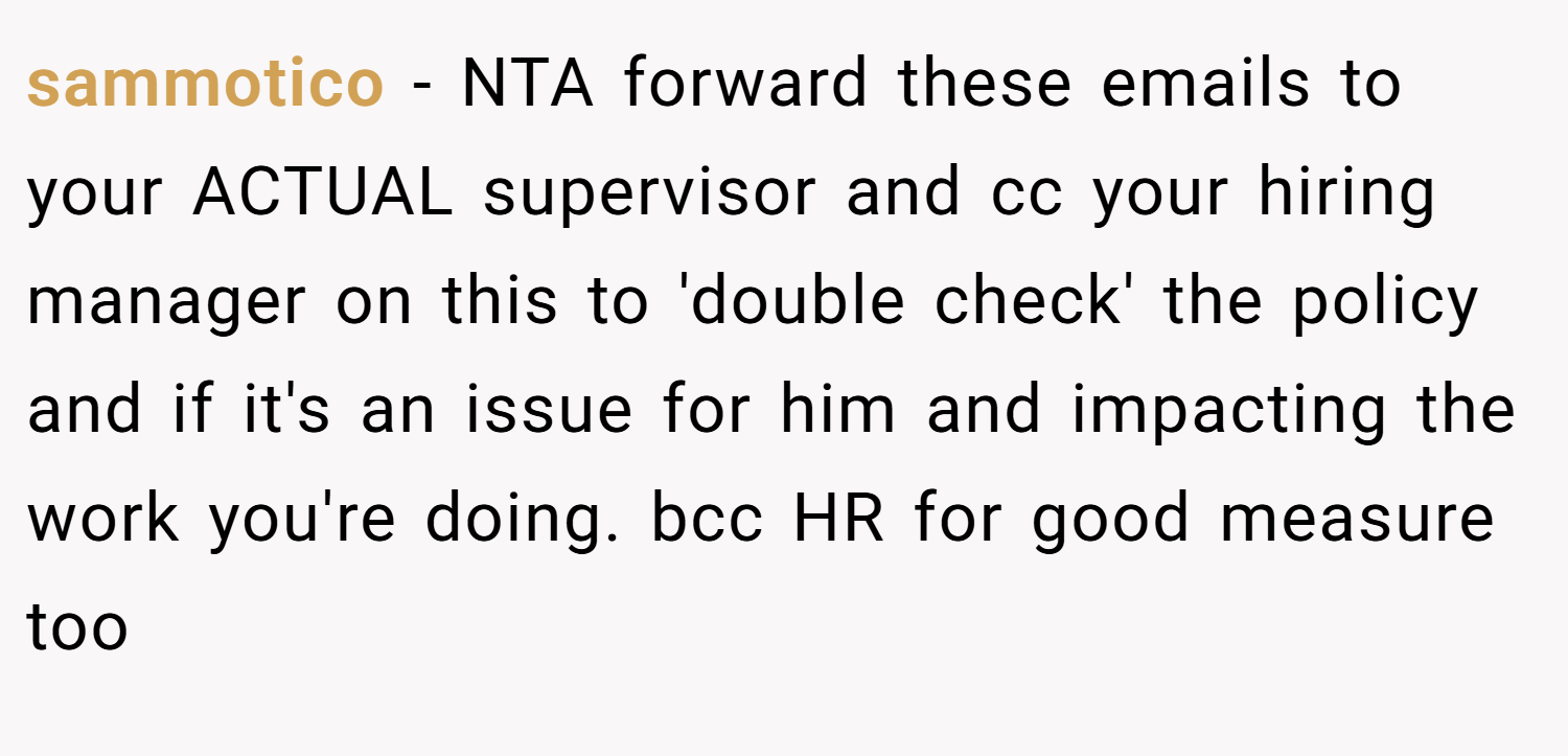 sammotico − NTA forward these emails to your ACTUAL supervisor and cc your hiring manager on this to 'double check' the policy and if it's an issue for him and impacting the work you're doing. bcc HR for good measure too