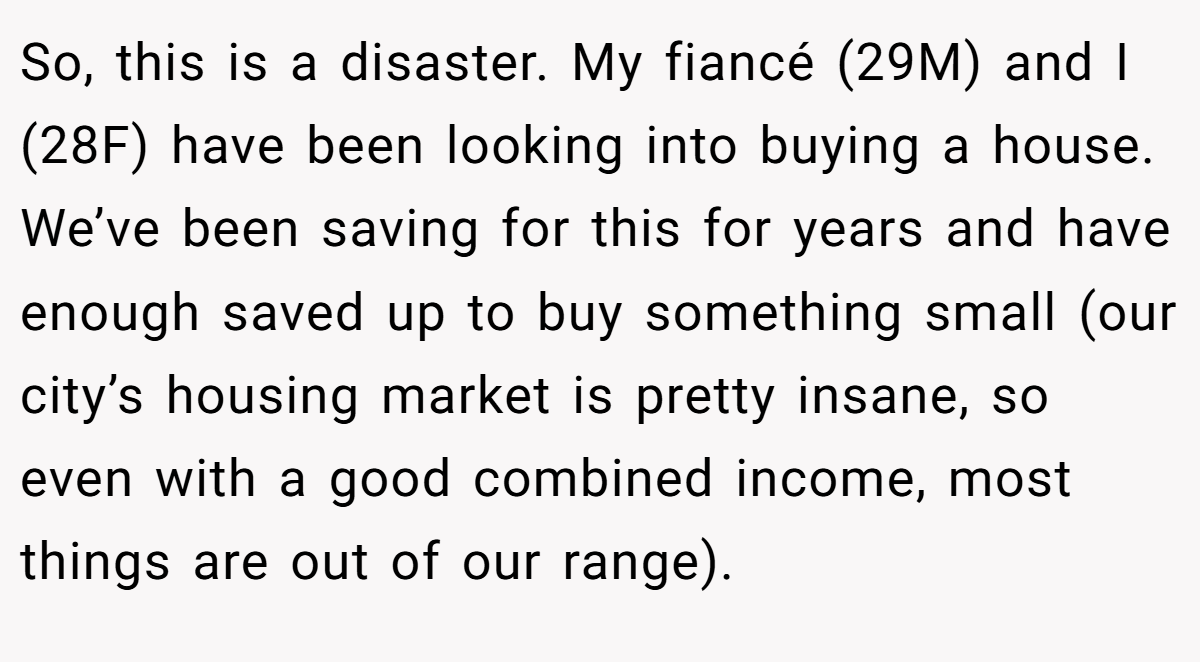 So, this is a disaster. My fiancé (29M) and I (28F) have been looking into buying a house. We’ve been saving for this for years and have enough saved up to buy something small (our city’s housing market is pretty insane, so even with a good combined income, most things are out of our range).