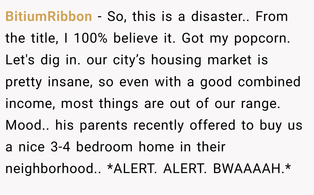 BitiumRibbon - So, this is a disaster.. From the title, I 100% believe it. Got my popcorn. Let's dig in. our city’s housing market is pretty insane, so even with a good combined income, most things are out of our range. Mood.. his parents recently offered to buy us a nice 3-4 bedroom home in their neighborhood.. *ALERT. ALERT. BWAAAAH.*