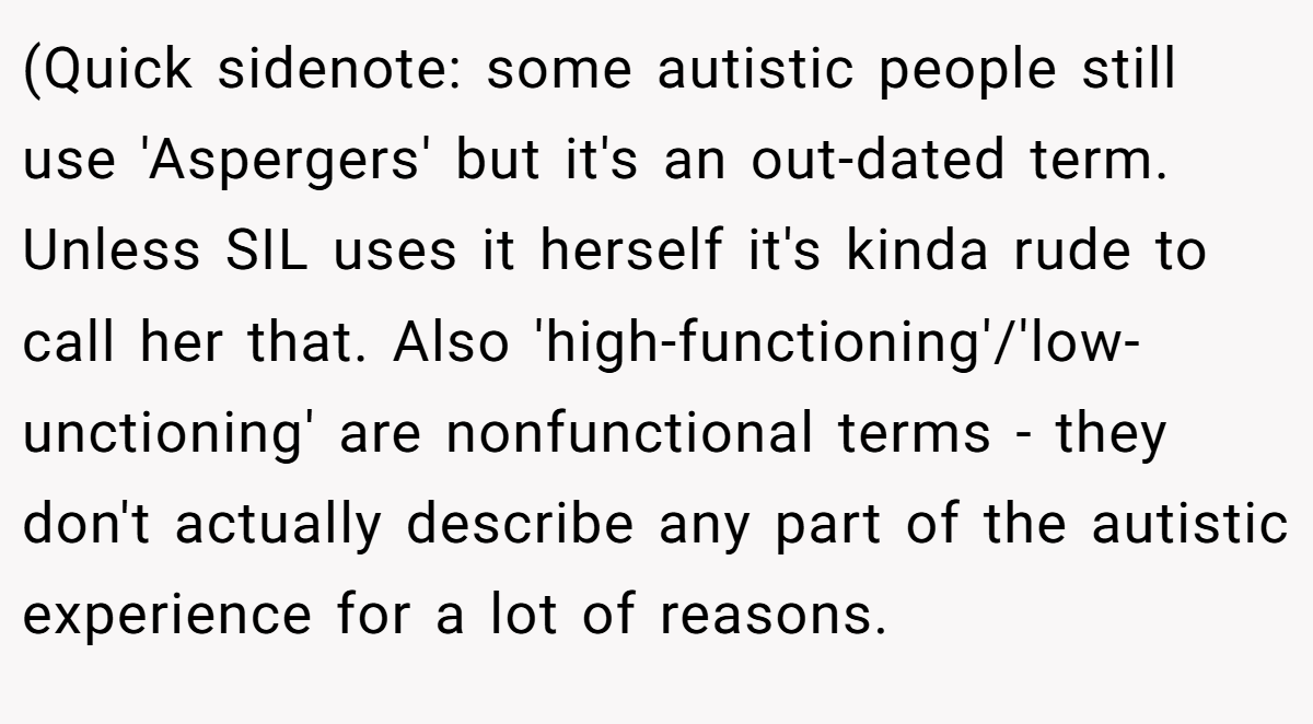(Quick sidenote: some autistic people still use 'Aspergers' but it's an out-dated term. Unless SIL uses it herself it's kinda rude to call her that. Also 'high-functioning'/'low- unctioning' are nonfunctional terms - they don't actually describe any part of the autistic experience for a lot of reasons.