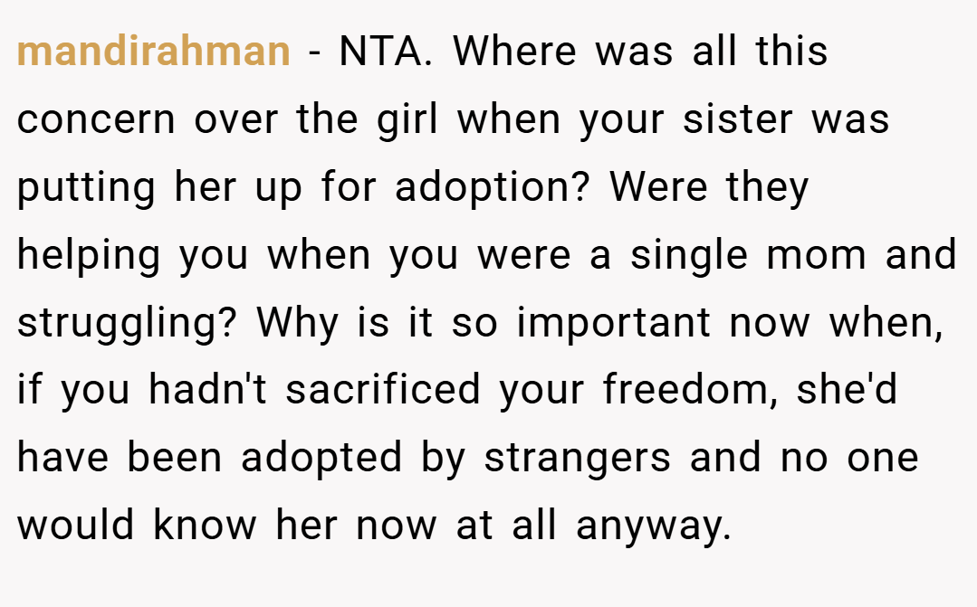 mandirahman − NTA. Where was all this concern over the girl when your sister was putting her up for adoption? Were they helping you when you were a single mom and struggling? Why is it so important now when, if you hadn't sacrificed your freedom, she'd have been adopted by strangers and no one would know her now at all anyway.