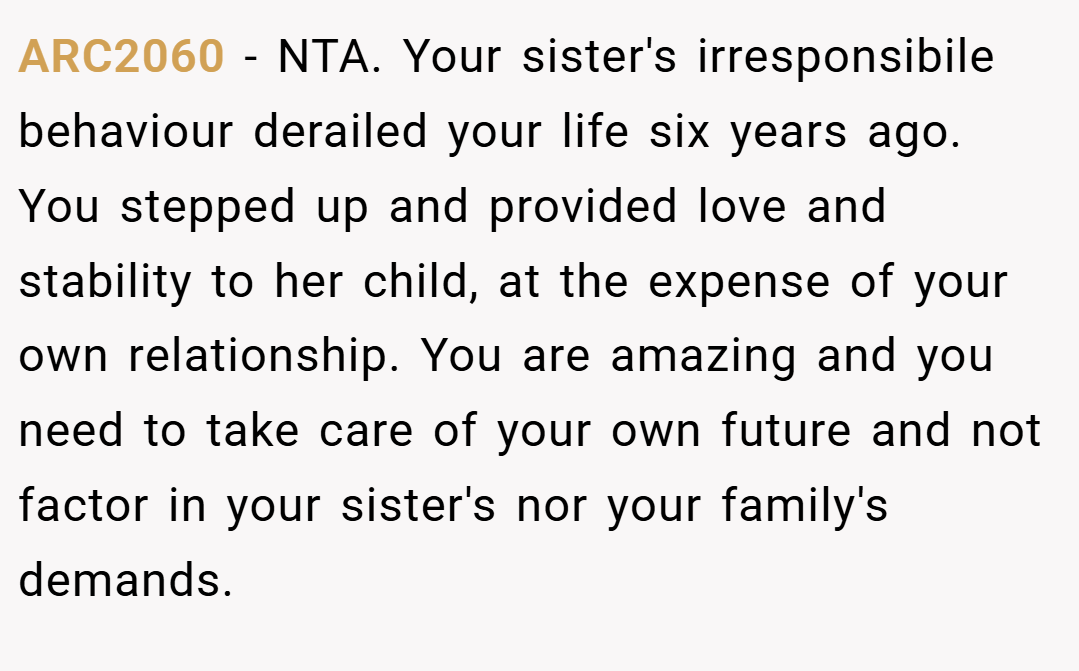 ARC2060 − NTA. Your sister's irresponsibile behaviour derailed your life six years ago. You stepped up and provided love and stability to her child, at the expense of your own relationship. You are amazing and you need to take care of your own future and not factor in your sister's nor your family's demands.