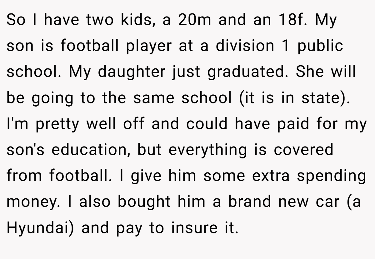So I have two kids, a 20m and an 18f. My son is football player at a division 1 public school. My daughter just graduated. She will be going to the same school (it is in state). I'm pretty well off and could have paid for my son's education, but everything is covered from football. I give him some extra spending money. I also bought him a brand new car (a Hyundai) and pay to insure it.