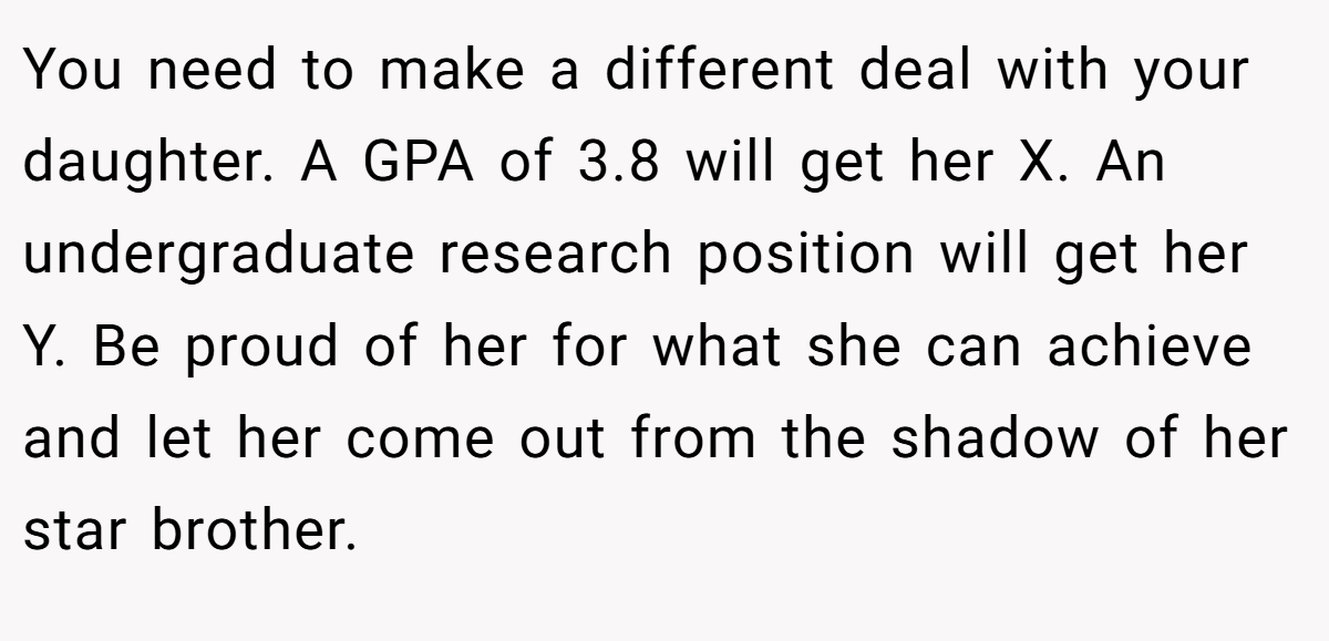 You need to make a different deal with your daughter. A GPA of 3.8 will get her X. An undergraduate research position will get her Y. Be proud of her for what she can achieve and let her come out from the shadow of her star brother.