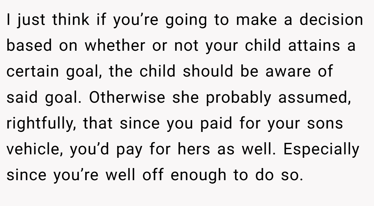 I just think if you’re going to make a decision based on whether or not your child attains a certain goal, the child should be aware of said goal. Otherwise she probably assumed, rightfully, that since you paid for your sons vehicle, you’d pay for hers as well. Especially since you’re well off enough to do so.